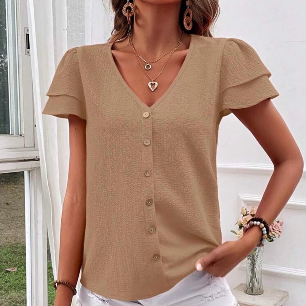 Khaki Faux Button-Front V-Neck Blouse